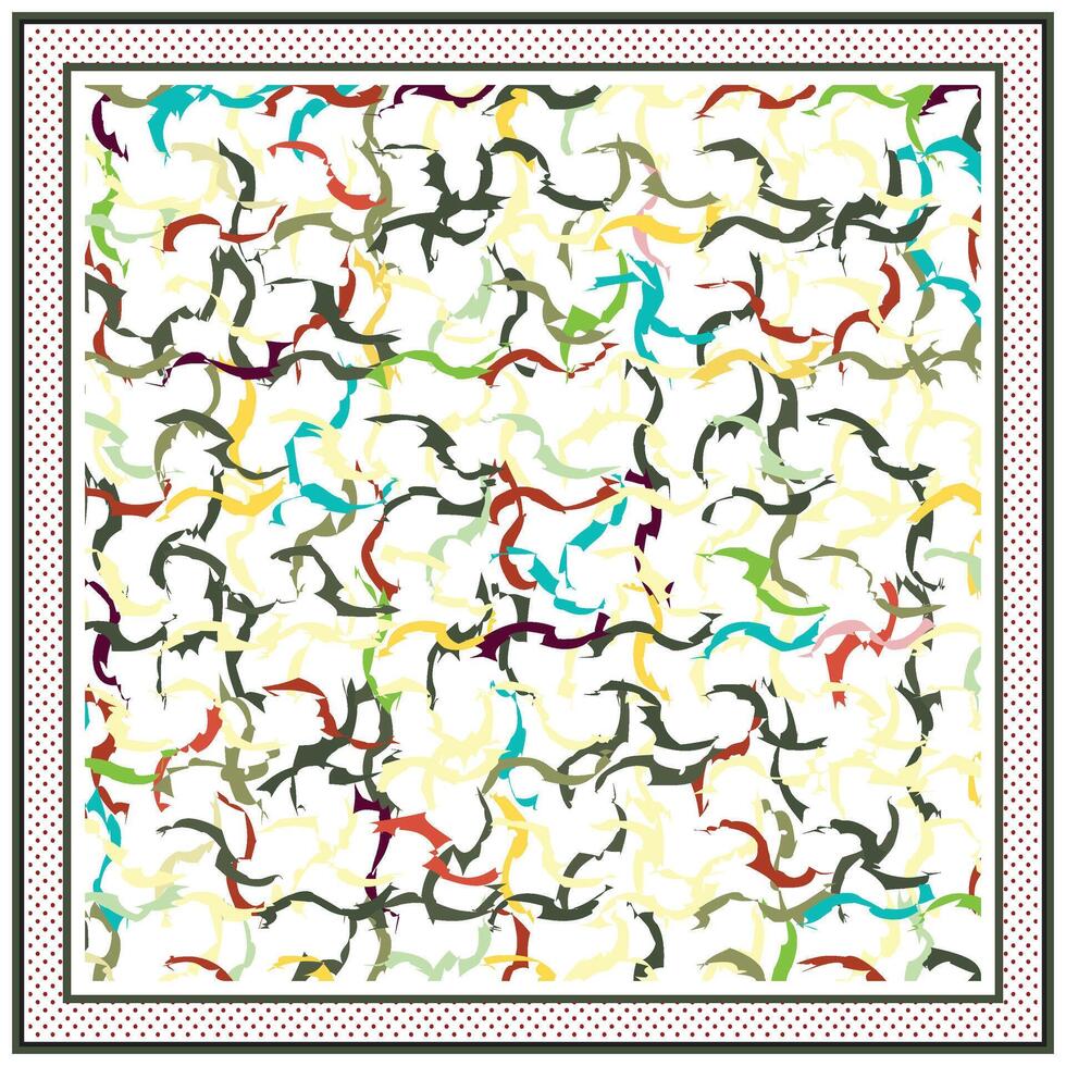 Colorful abstract pattern of swirling shapes on a white background, bordered by a polka-dotted frame. vector