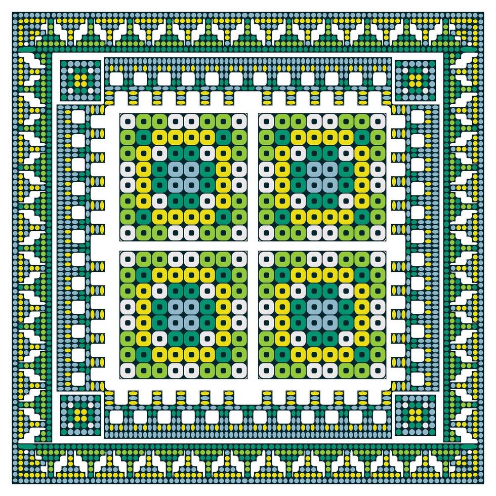A vibrant dot and stitch line geometric pattern of green, yellow, and blue circles forming a square design, framed by intricate borders, it could be used as a wallpaper, fabric design, scarf, pillow vector