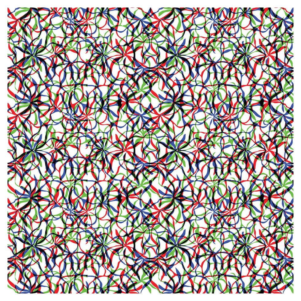 A vibrant, abstract pattern of interwoven red, green, blue, and black shapes resembling flowers, set against a white background. vector