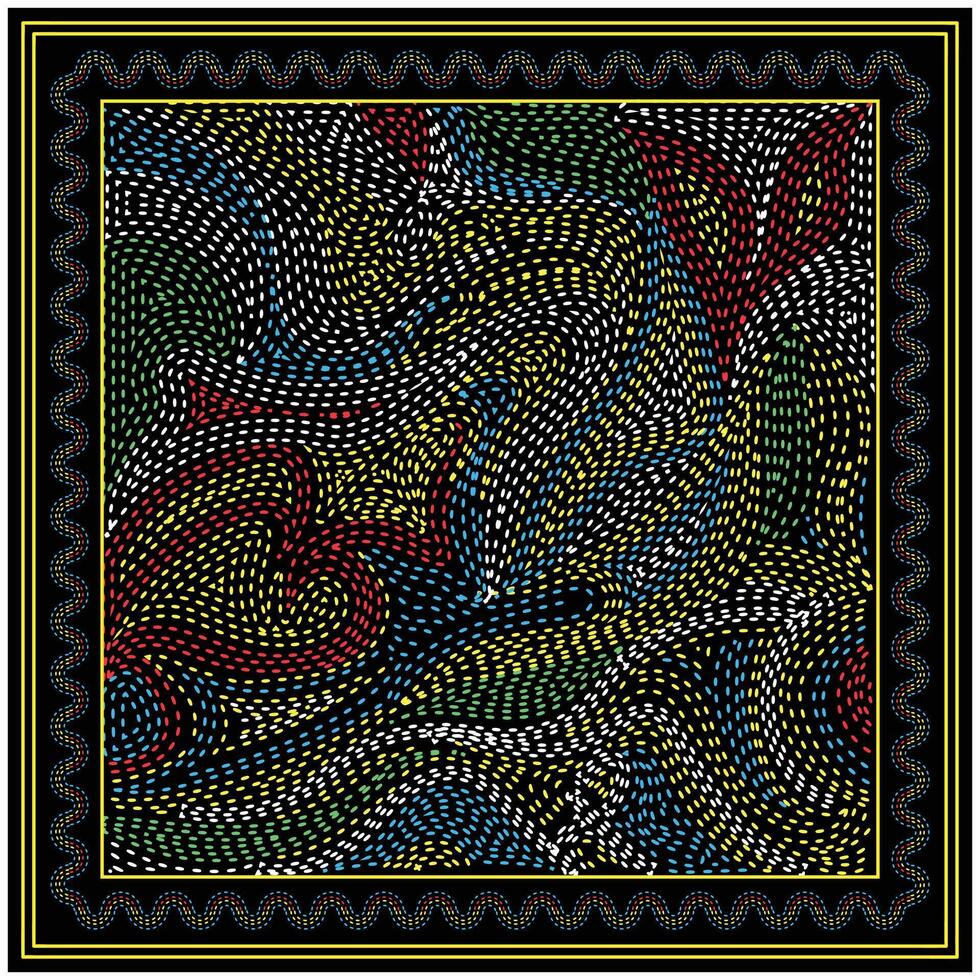 Colorful abstract hand drawn and dot print texture, design featuring swirling patterns in red, blue, yellow, and green against a black background, framed with a decorative border. vector