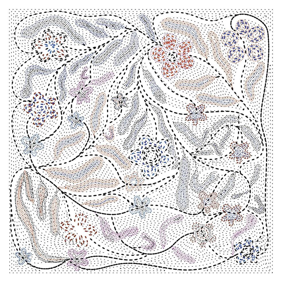 A dynamic abstract design featuring colorful floral shapes and winding dotted lines against a white background. vector