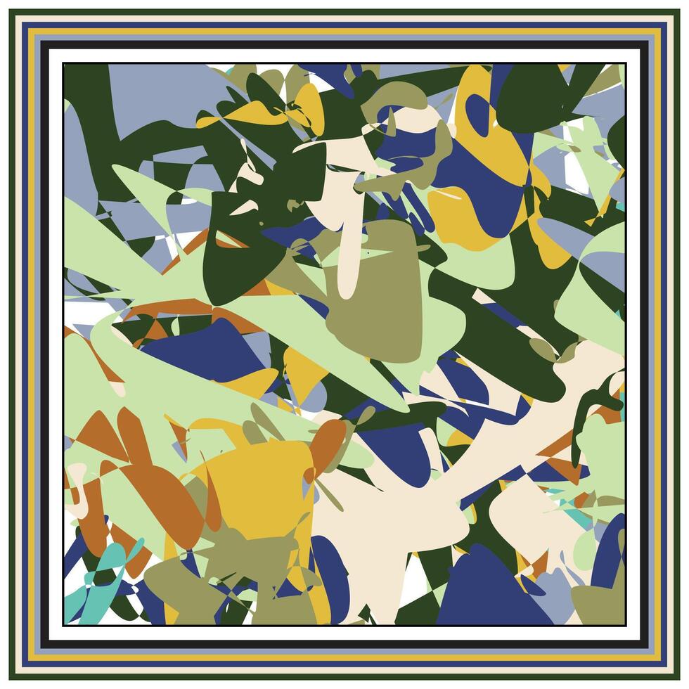 An abstract, colorful composition of overlapping shapes in greens, blues, yellows, and creams, framed by bold, striped borders. vector