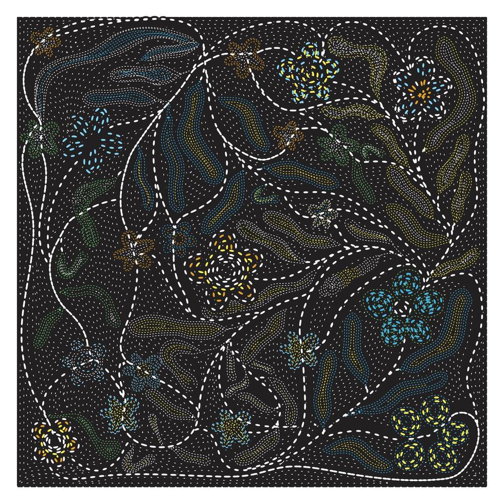 A vibrant, abstract pattern of colorful flowers and leaves on a black background, with dashed lines creating a winding flow. vector