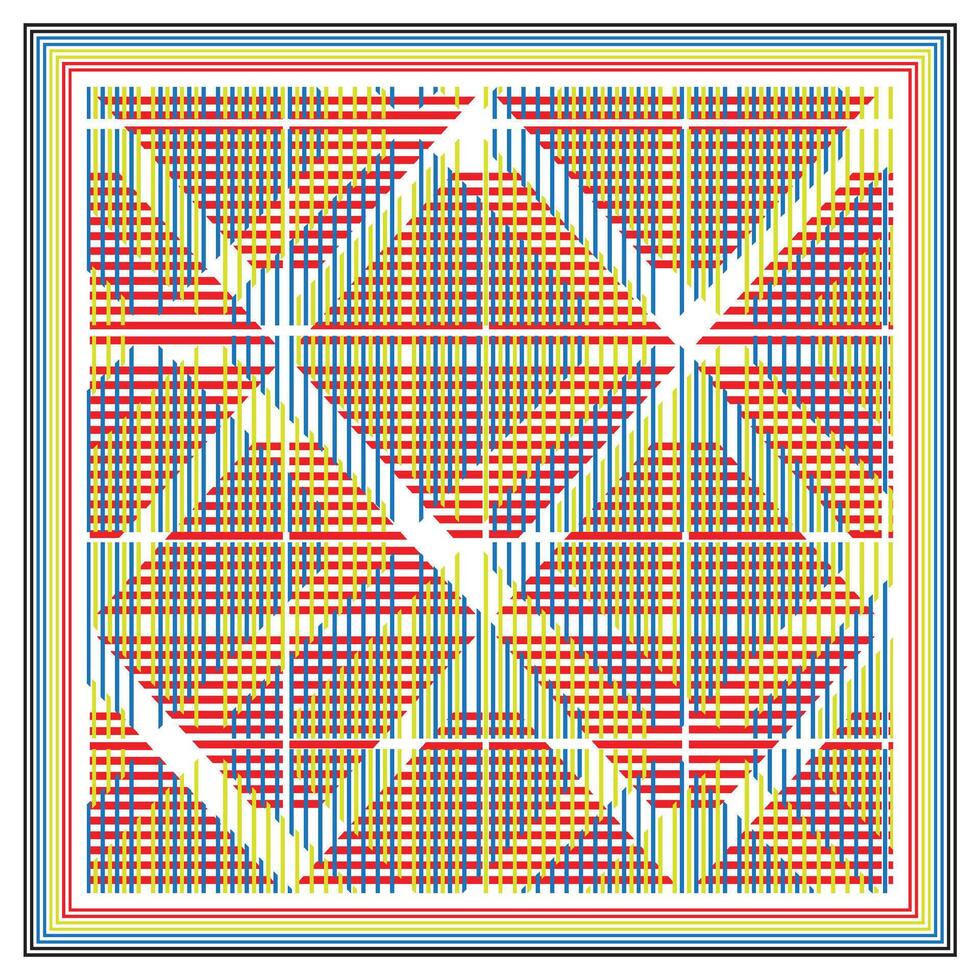 Colorful geometric pattern featuring vibrant red, blue, yellow, and green lines arranged in a grid of triangles and rectangles. vector
