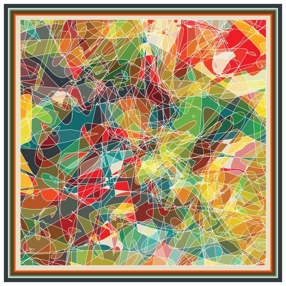 Colorful abstract artwork featuring dynamic swirling lines and geometric shapes in vibrant hues, framed with a bold border. vector