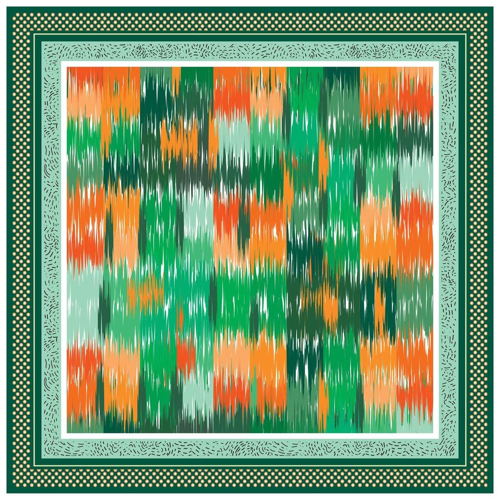Abstract pattern of green, orange, and teal streaks, framed by intricate borders in contrasting colors, creating a vibrant visual effect, It could be used as a wallpaper, fabric design, scarf, pillow vector
