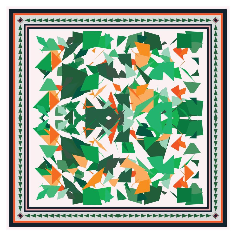 An abstract design print pattern overlapping green and orange geometric shapes on a light background, framed by a decorative border, It could be used as a wallpaper, fabric design, scarf, pillow vector