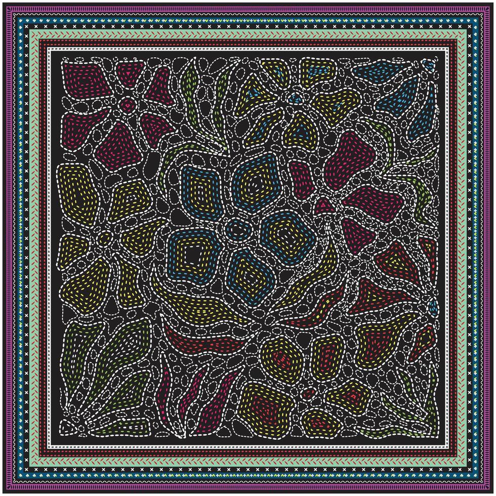 Colorful hand drawn dotted and line quilt style floral pattern with intricate outlines on a black background, bordered by vibrant, decorative edges. vector