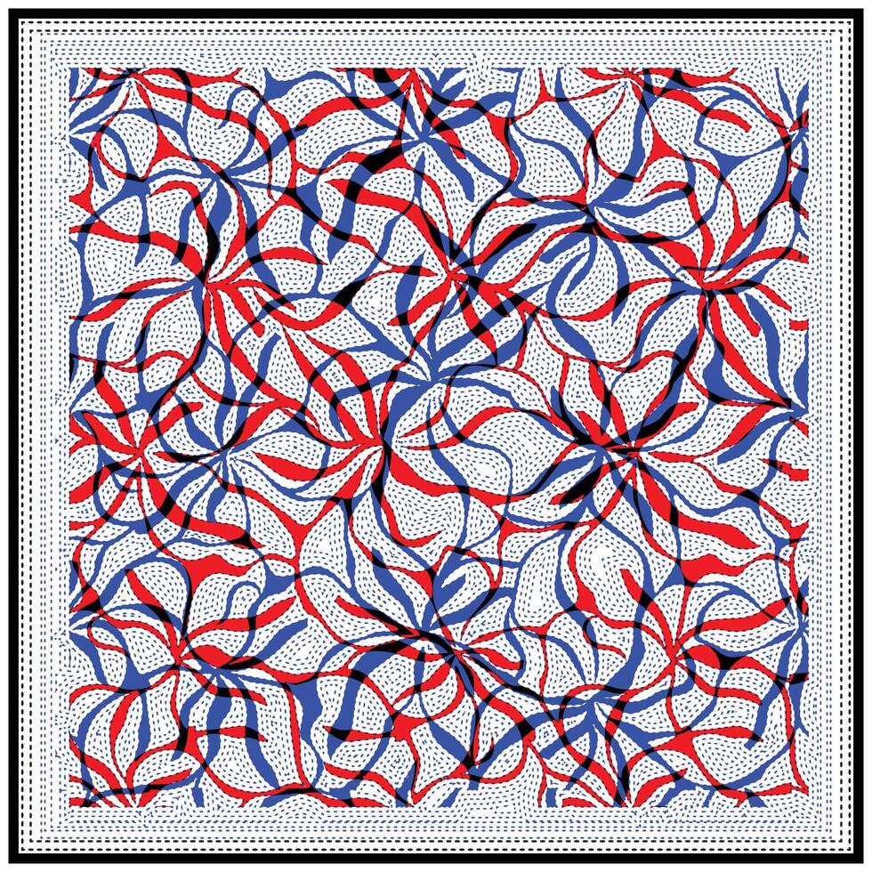 Colorful geometric hand drawn pattern with intertwining red, blue, and black shapes on a white dotted background, frame in black. vector