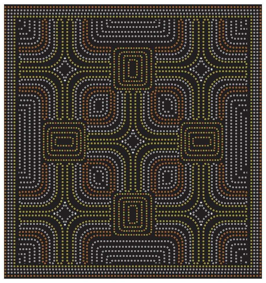 A geometric abstract pattern with curved lines in orange, yellow, and white against a black background, featuring four distinct square shapes. vector