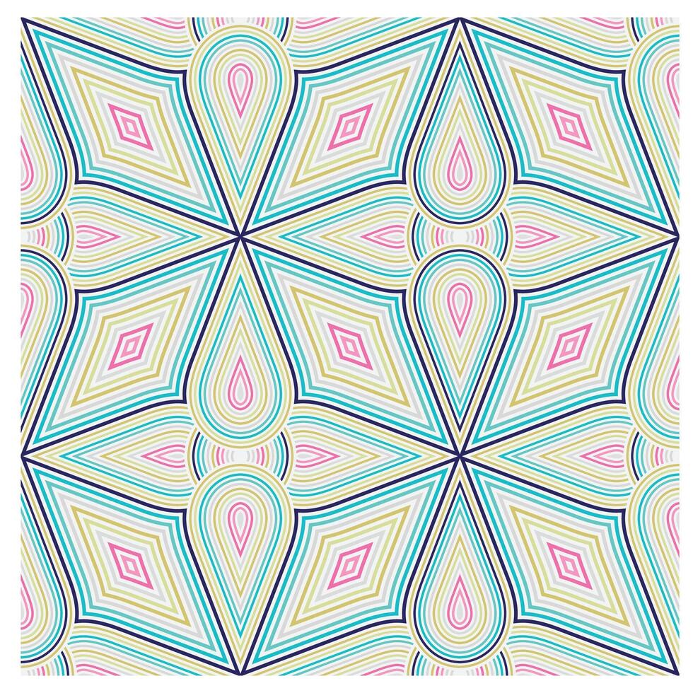 A vibrant, symmetrical pattern of concentric diamonds and teardrops in pastel colors, creating a lively geometric design. vector