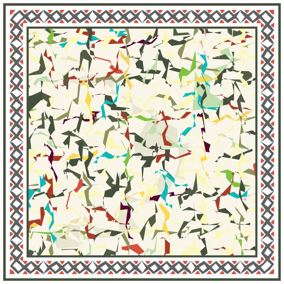 Abstract geometric pattern with colorful angular shapes on a light background, framed by a decorative border. vector