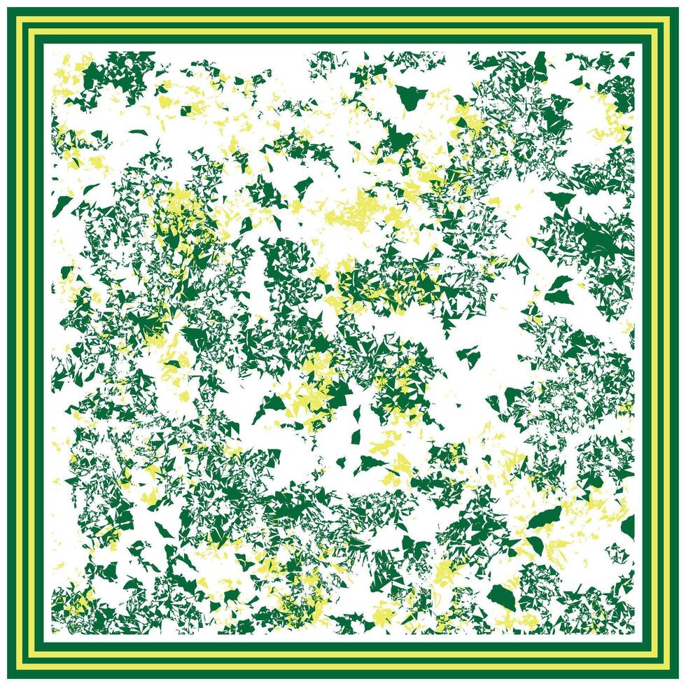 Abstract pattern of green and yellow foliage shapes on a white background, framed by bold green and yellow stripes. vector