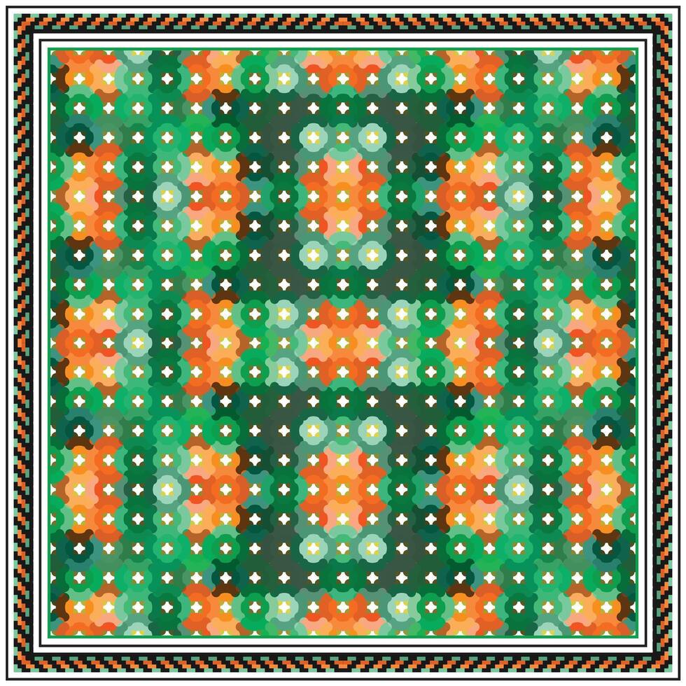Colorful geometric pattern featuring green, orange, and cream shapes, framed by a decorative black and white border, it could be used as a wallpaper, fabric design, scarf, pillow cover vector