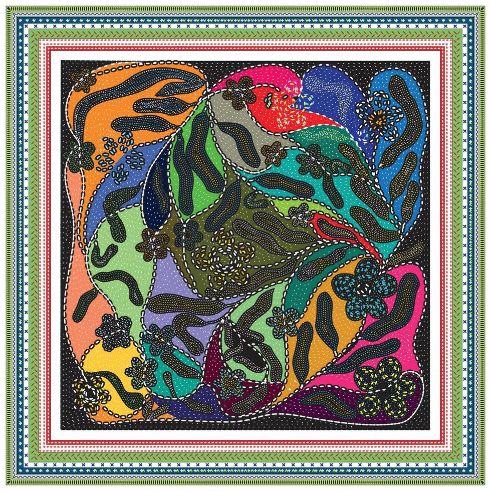 A vibrant, hand drawn print abstract design featuring colorful patterns of leaves and flowers, framed with intricate borders in contrasting colors. vector