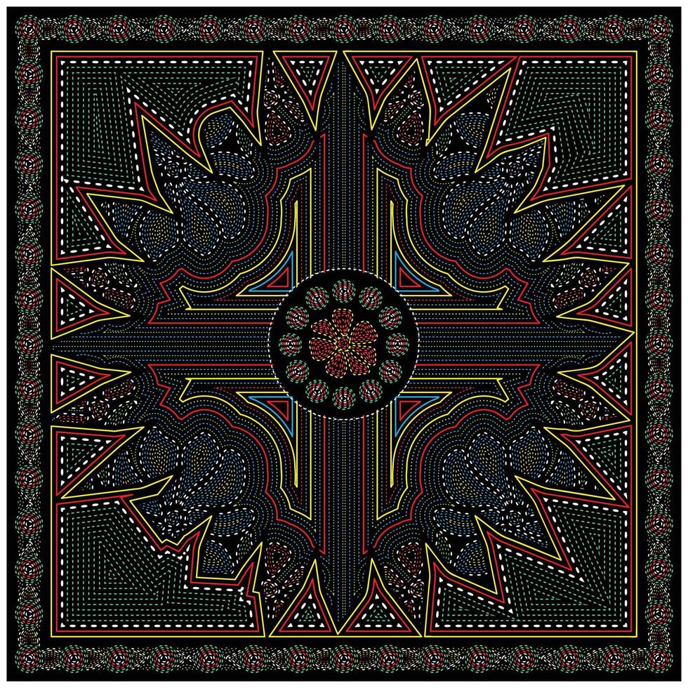 Intricate, hand drawn colorful geometric design with floral motifs and vibrant patterns on a black background, frame with decorative borders. vector