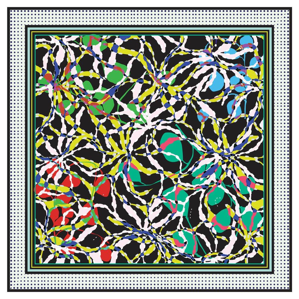 A vibrant abstract pattern of intertwined shapes in green, blue, pink, and red against a black background, framed with colorful borders. vector