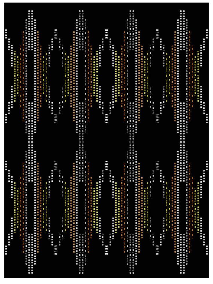 A digital art piece featuring a symmetrical wave pattern in white, orange, and yellow against a black background. vector