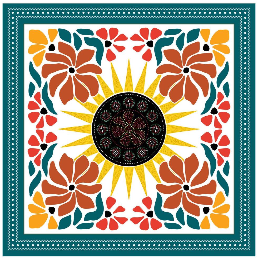 Vibrant floral hand drawn pattern with yellow rays, a central black circle, and colorful flowers in orange, red, and green against a white background, it could be used as a wallpaper, fabric design vector