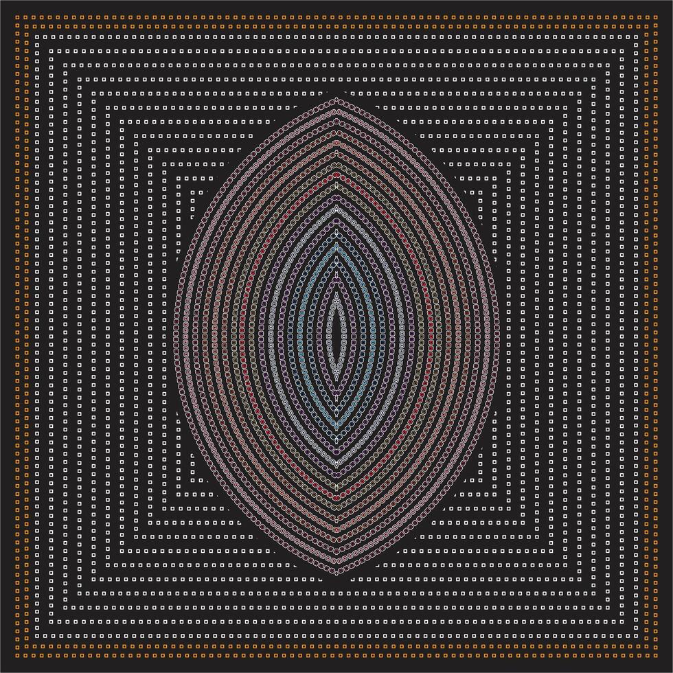 A colorful, concentric oval design surrounded by patterned lines and a dark background, creating a visually striking geometric effect, it could be used as a wallpaper, fabric design, scarf, pillow vector