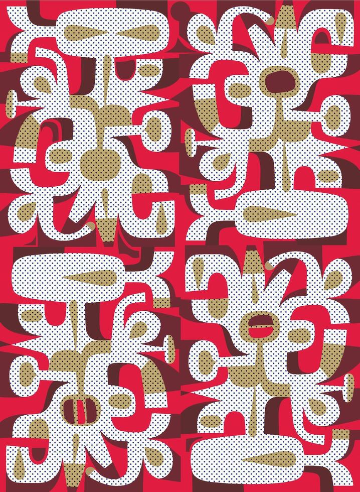 Colorful abstract design featuring bold, stylized floral shapes in white and gold on a red and brown checkered background. vector