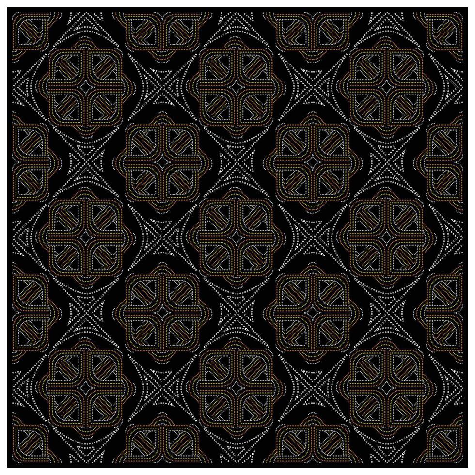 A decorative black background featuring intricate geometric patterns in gold, white, and brown shades, with a blank central area. vector
