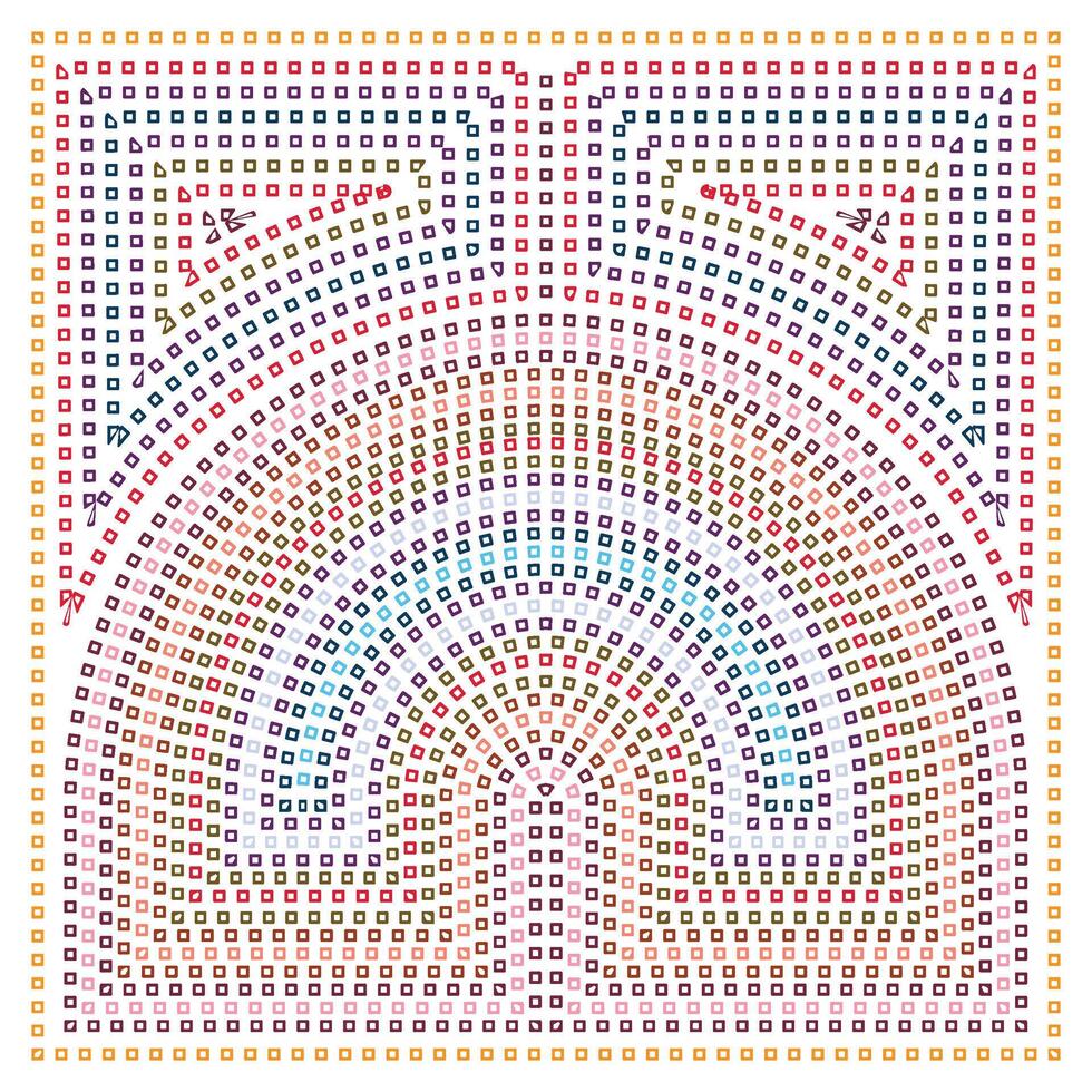 Colorful geometric design featuring concentric squares in a rainbow pattern, framed by a border of alternating square colors, it could be used as a wallpaper, fabric design, scarf, pillow vector