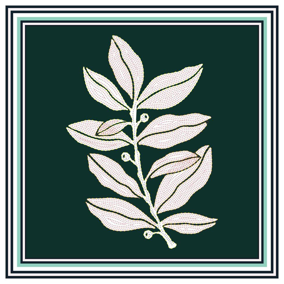 Illustration of a delicate leaf branch in light pink with a dark green background, framed by a series of thin decorative borders, it could be print as a wallpaper, fabric design, scarf, pillow covers vector