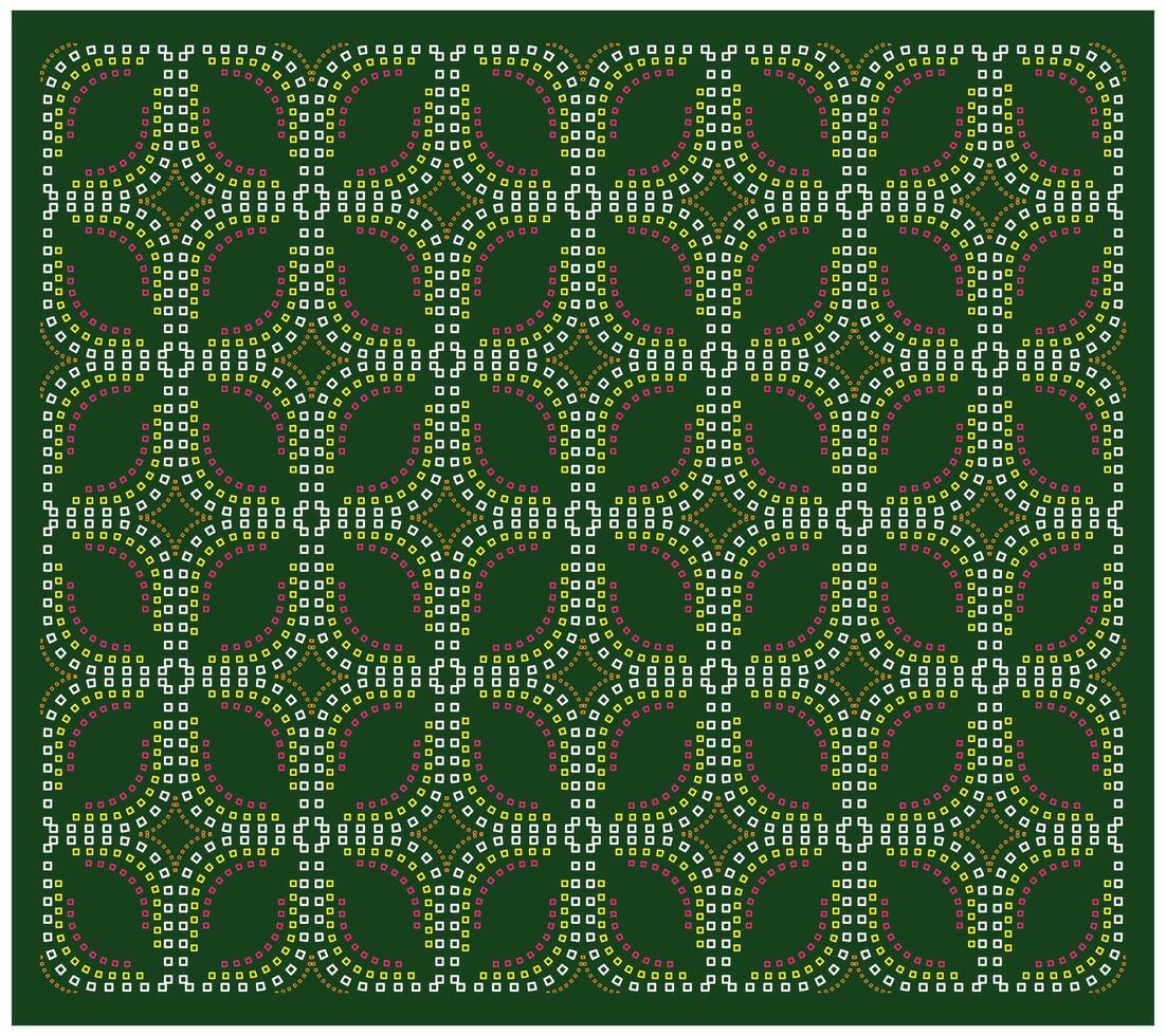 A symmetrical pattern with vibrant pink, white, and yellow dots arranged in intricate curves on a dark green background. vector