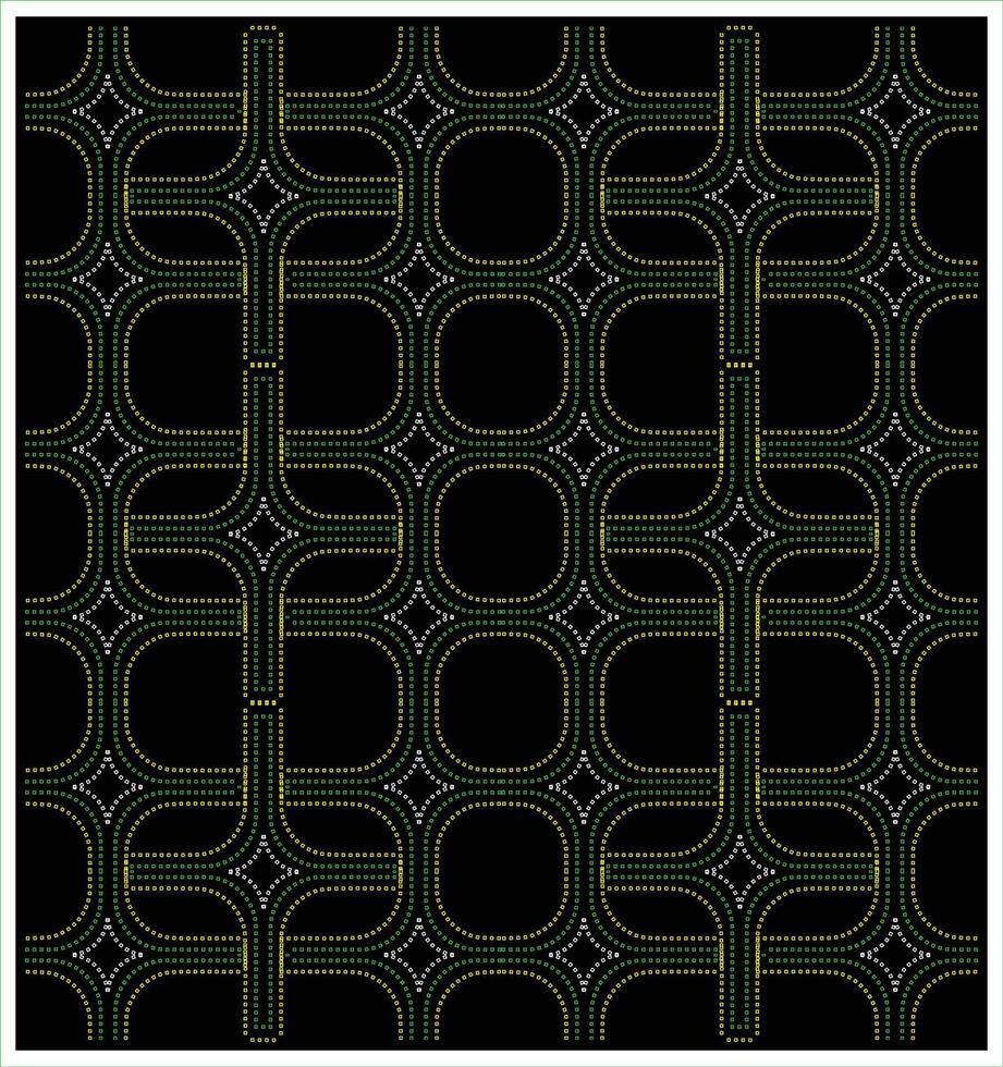 Abstract geometric pattern with yellow and green dots forming intersecting curves and squares on a black background, it could be used as a wallpaper, fabric design, scarf, pillow cover vector