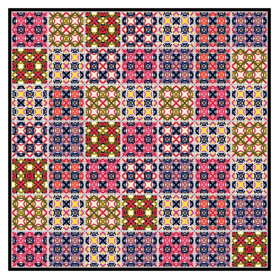 A colorful mosaic of intricate geometric patterns in red, pink, green, blue, and yellow, arranged in a square grid format. vector