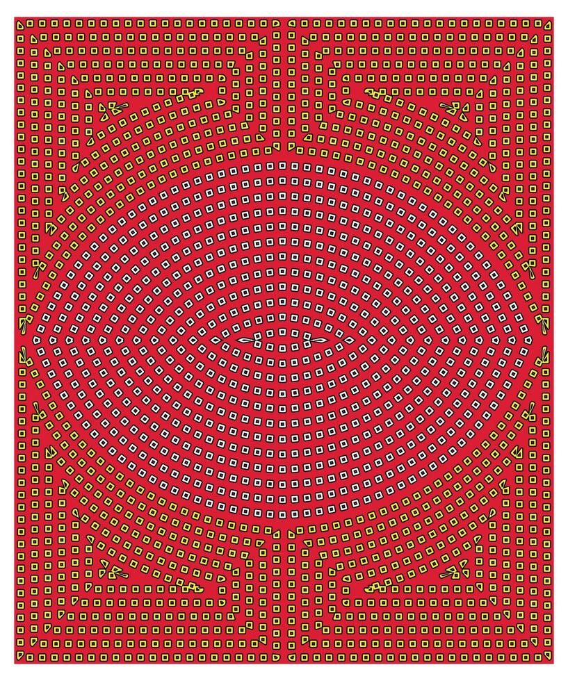 Abstract spiral pattern with alternating yellow and white squares on a deep red background, creating a visually striking design, it could be used as a wallpaper, fabric design, scarf, pillow cover vector