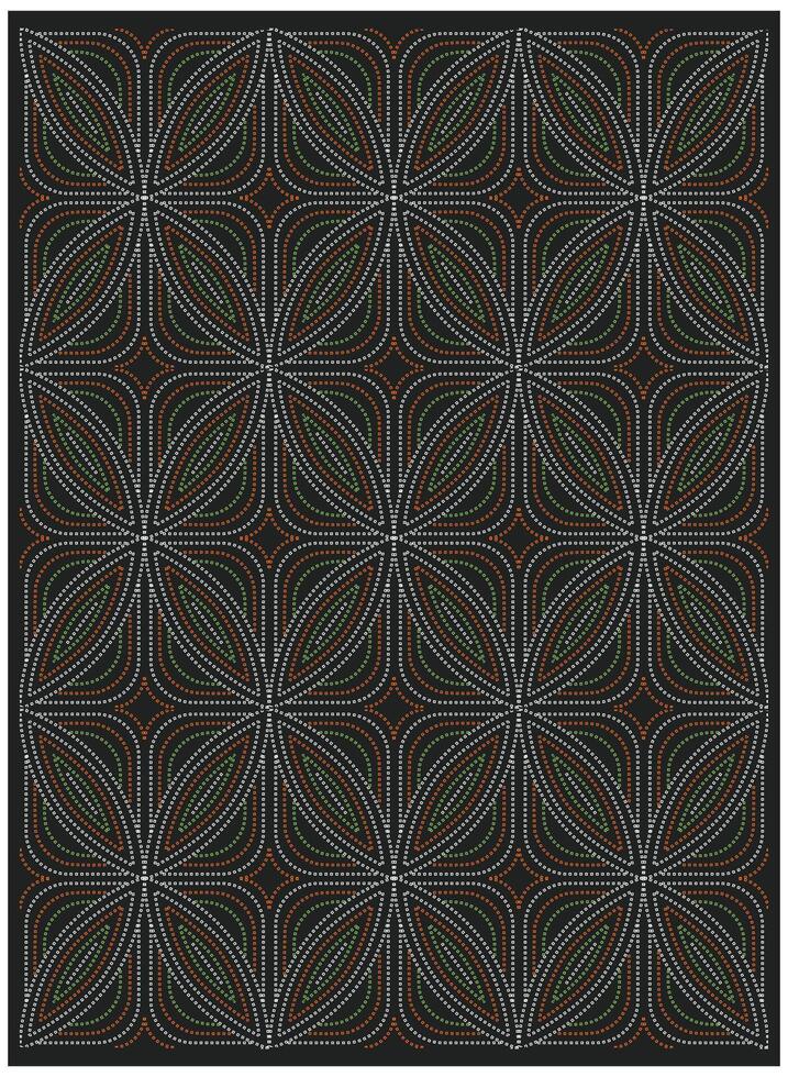 A geometric pattern of overlapping leaf shapes in white, green, and orange outline on a black background, creating an intricate design. it could be used as a wallpaper, fabric design, scarf, pillow vector