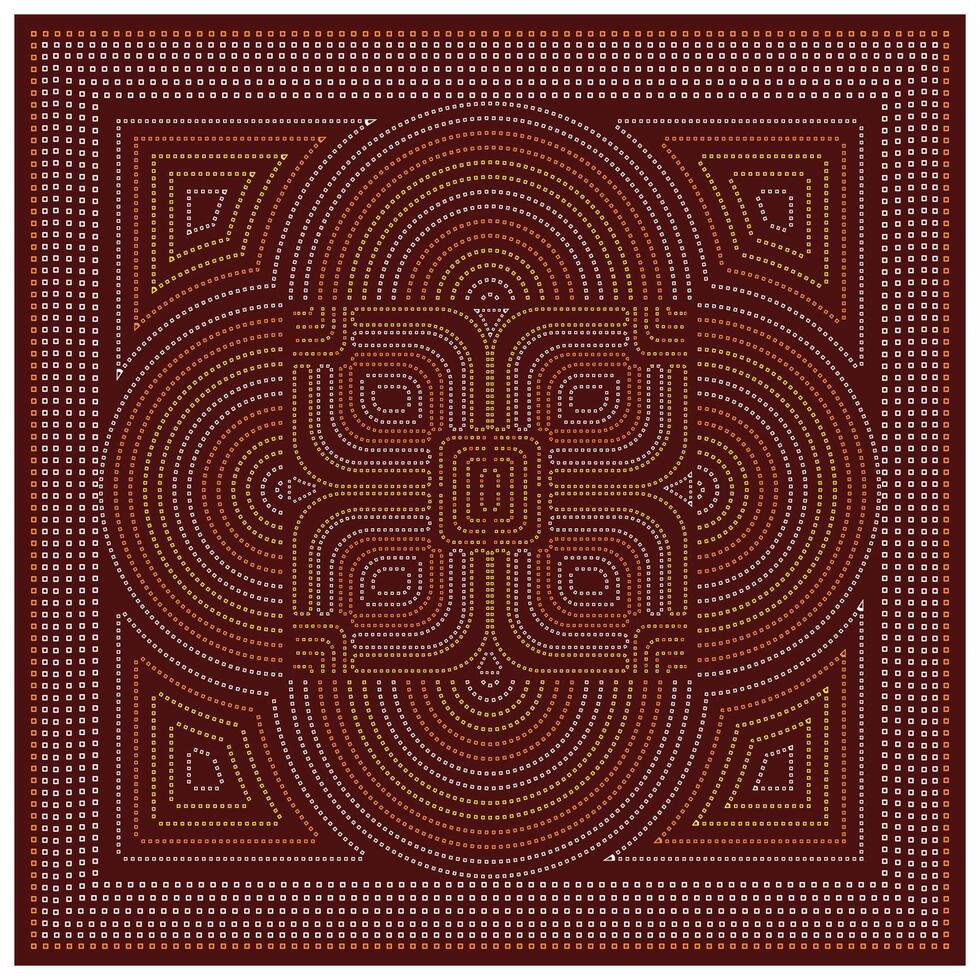 A geometric pattern of concentric circles and squares in vibrant shades of red, gold, and white, creating a complex visual design, it could be used as a wallpaper, fabric design, scarf, pillow vector