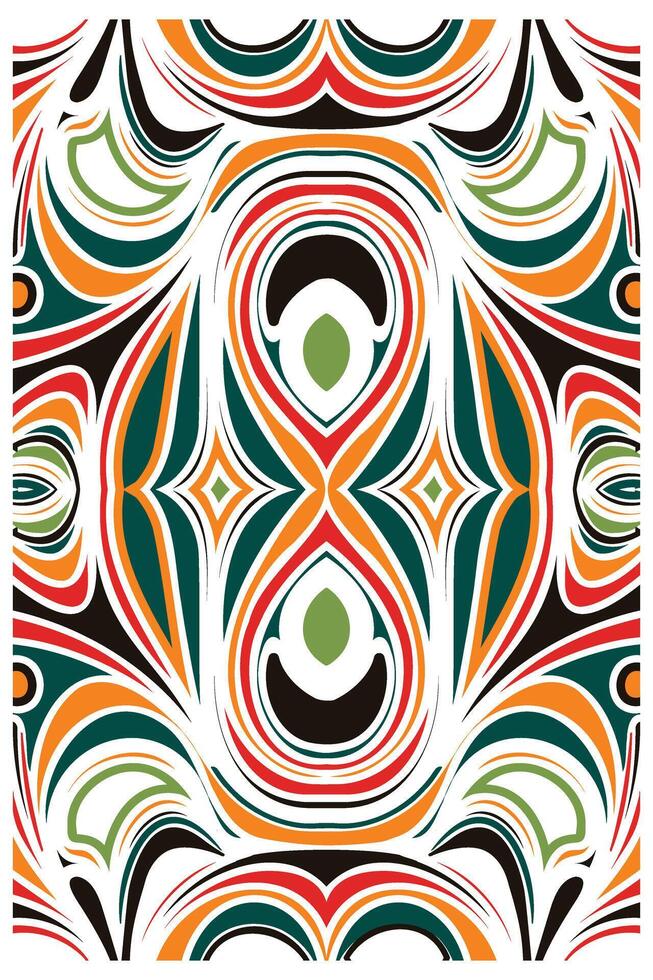 A vibrant, abstract pattern featuring swirling shapes in orange, green, black, and teal, creating a dynamic, eye catching design. vector