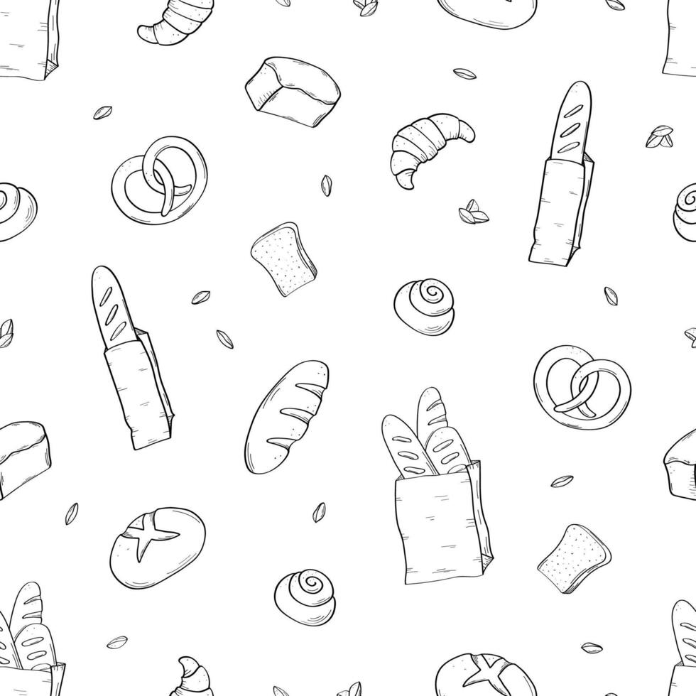 Seamless pattern Bread and bakery products. Background of baking doodle icons. vector