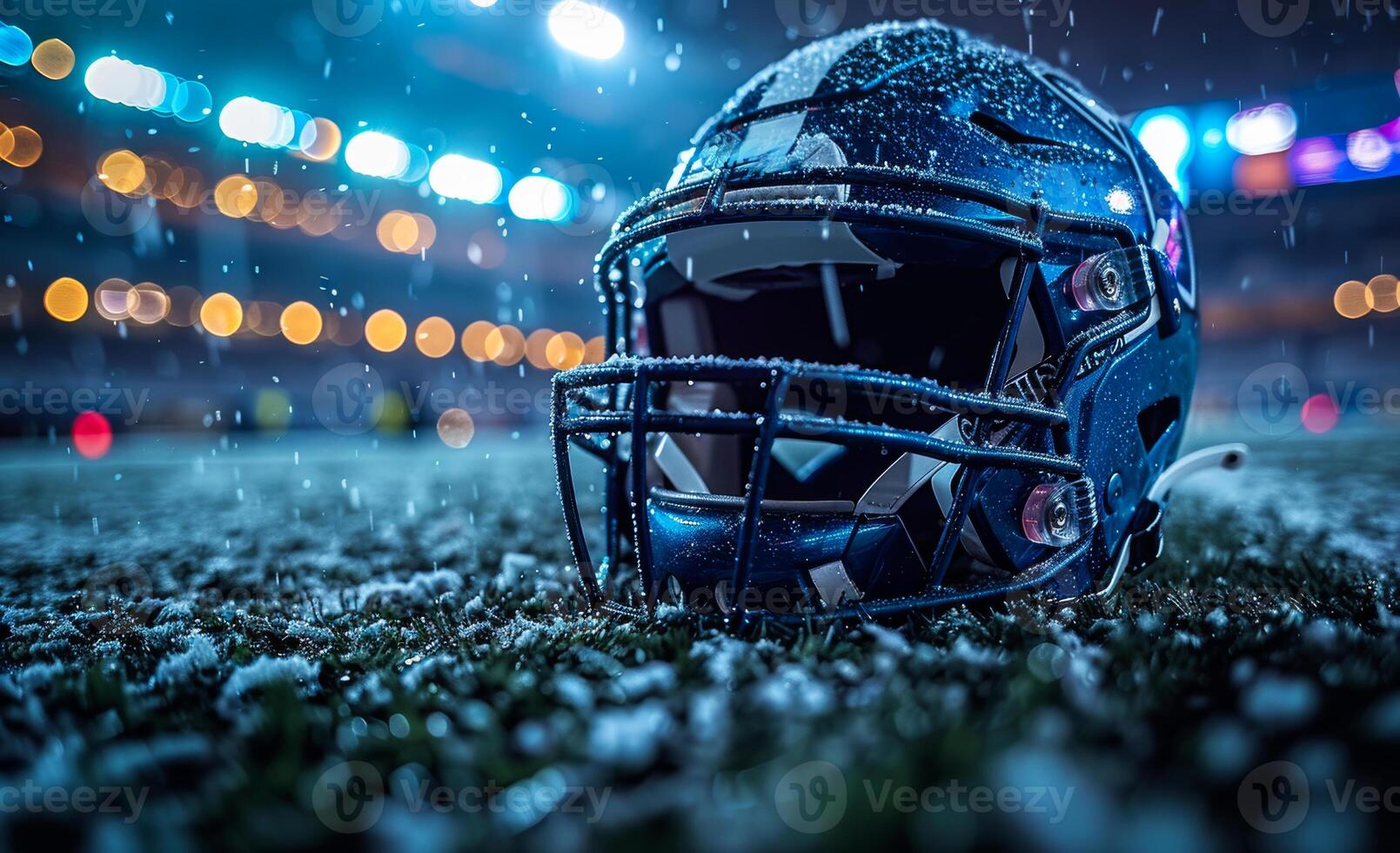 American football helmet laying on the field in the snow at night photo