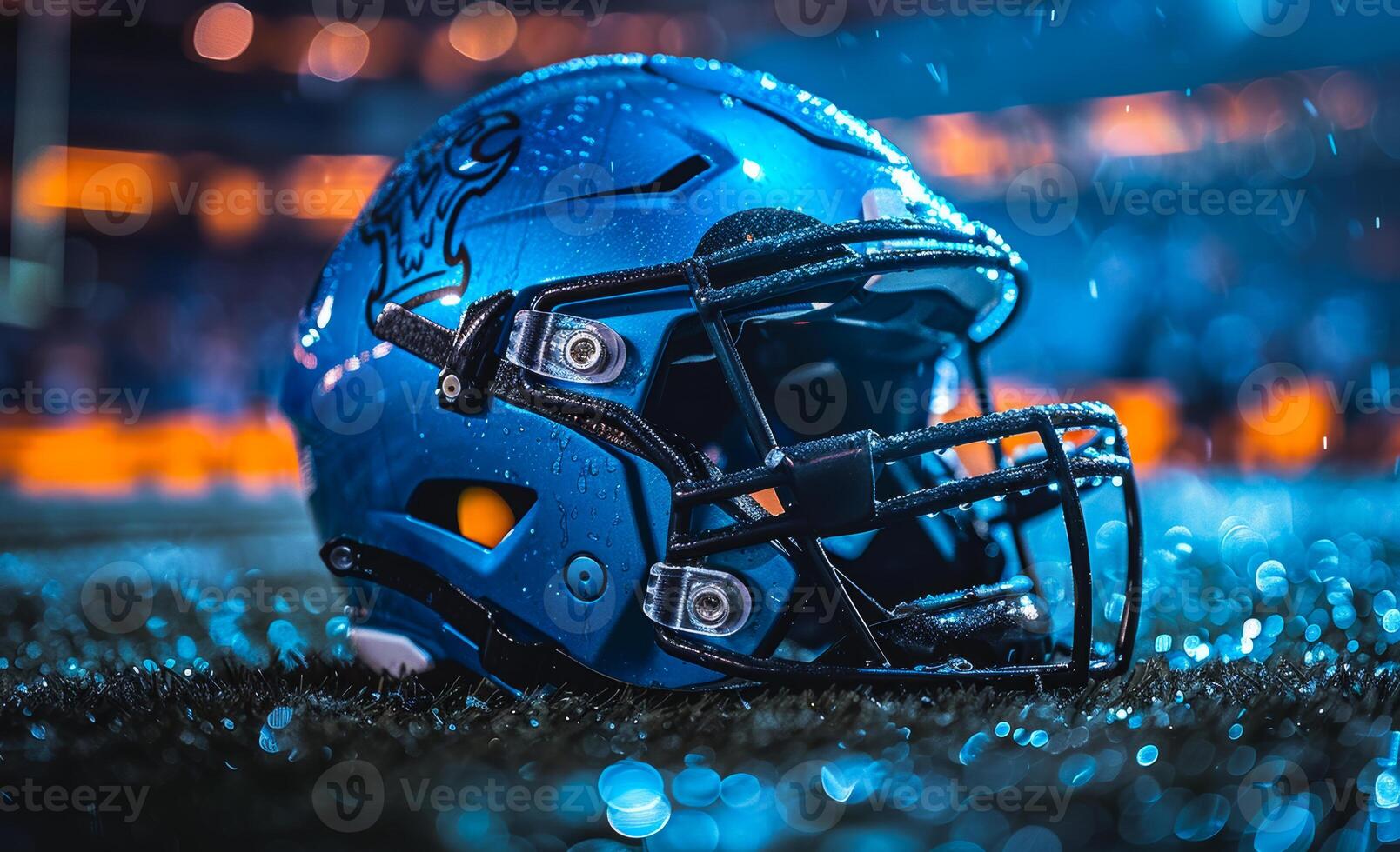 American football helmet on the field and stadium lights in the background photo