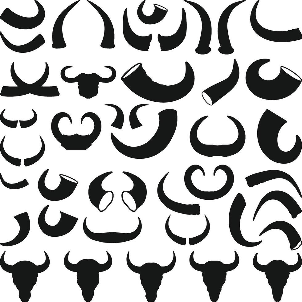 Collection of various horns and bull silhouettes, Buffalo horn SVG, Drinking horn, Buffalo horns clipart, Devil Horn Silhouette, Horns icons , Bull Skull vector