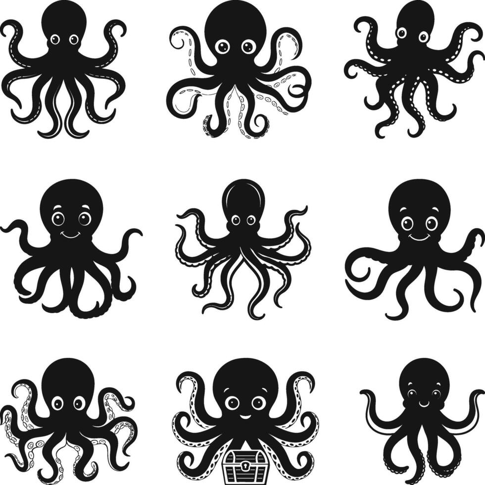 Octopus icons set Silhouette, Collection of black octopus illustrations and icons, Octopus SVG vector