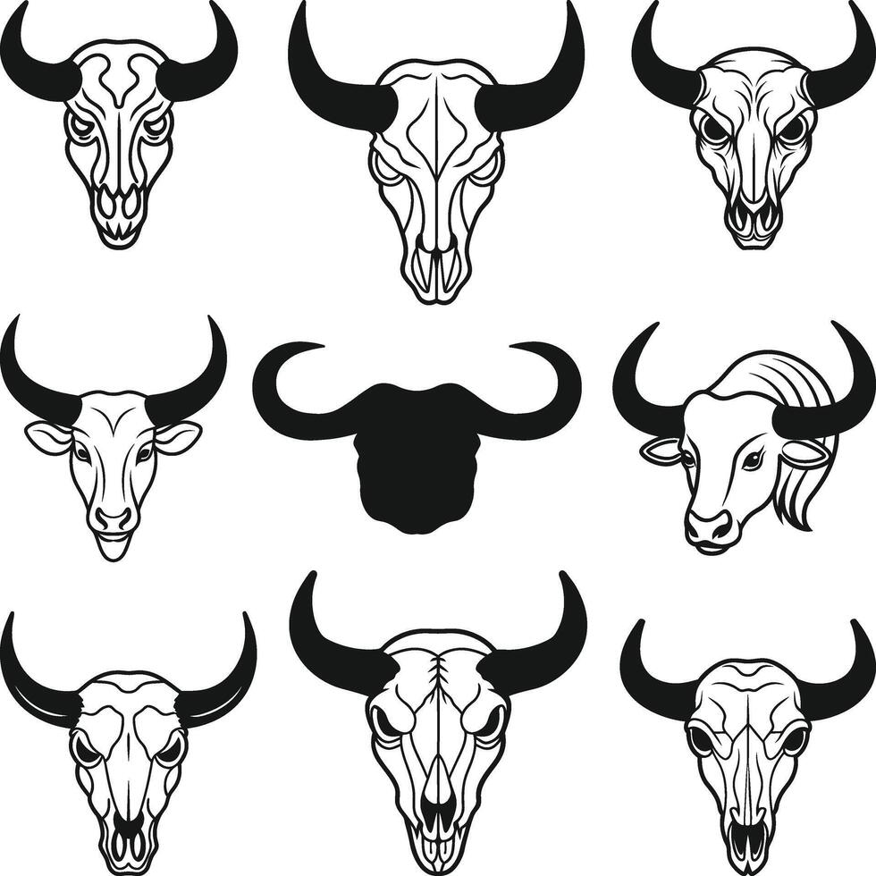 Buffalo skulls Set Silhouette Buffalo horn, a Set of bull skulls with horns, vector