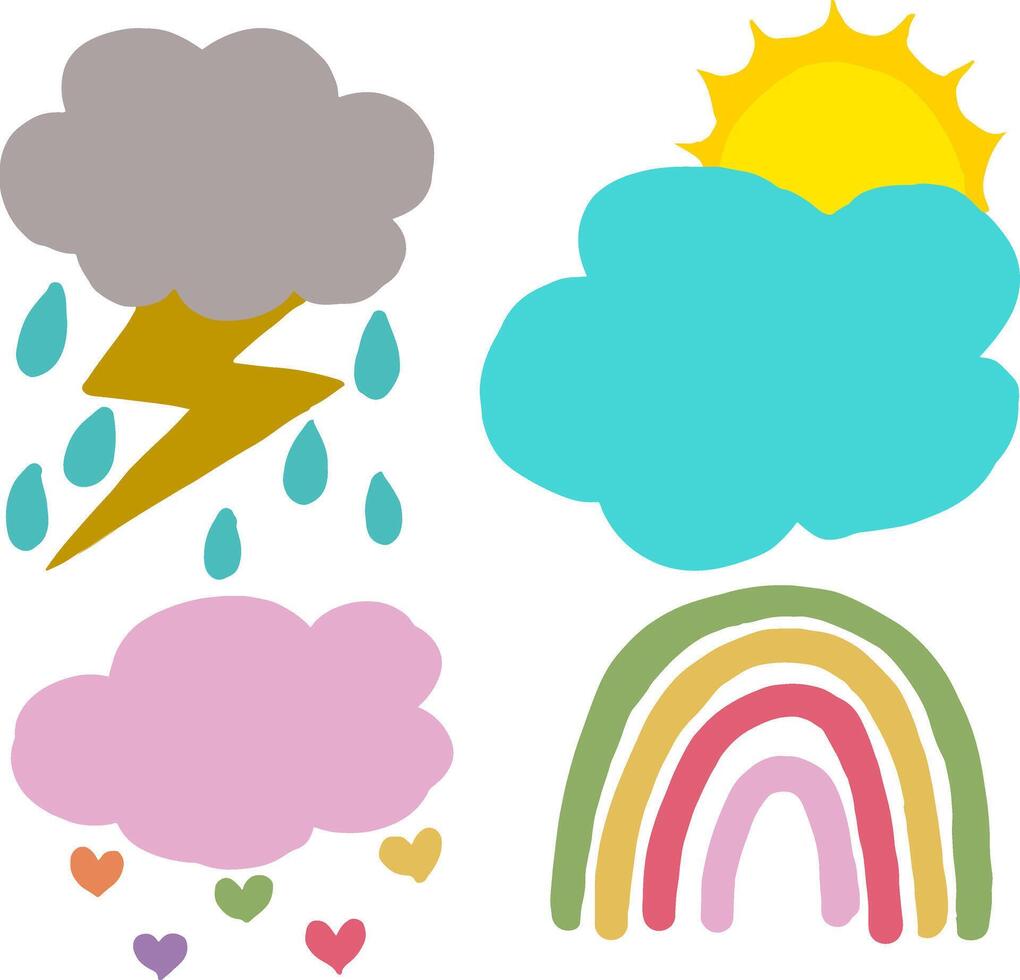 four different weather symbols, including a rainbow, cloud, and sun vector