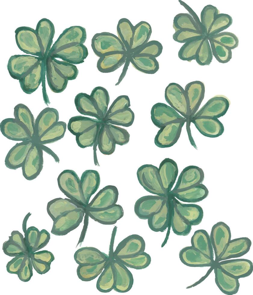 A collection of green watercolor clovers, some with four leaves, on a white background vector
