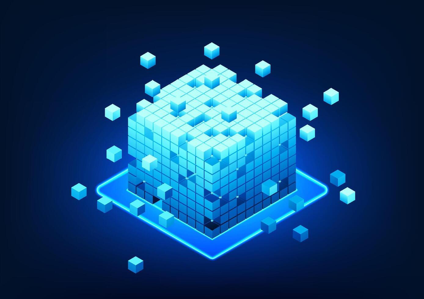 Blockchain technology, a series of separate square boxes that represent the technology of storing data in a network through computer encryption. The recorded data will be transmitted on the network. vector