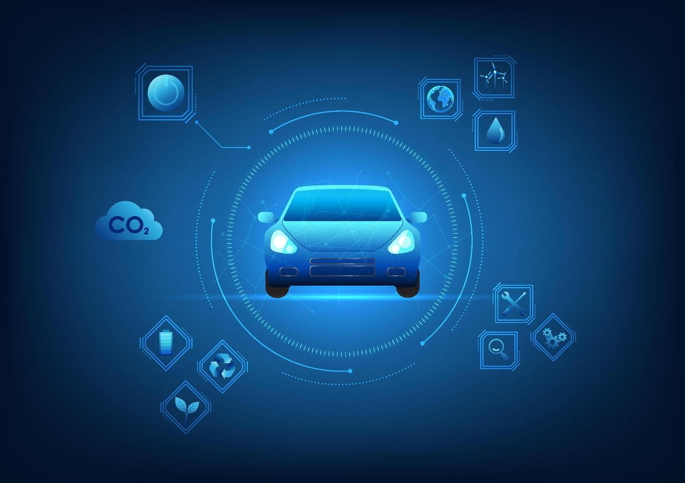 Eco car technology background is a technology that saves energy resources and reduces carbon dioxide emissions. It is a cheap car with a technology circle and energy icons. vector