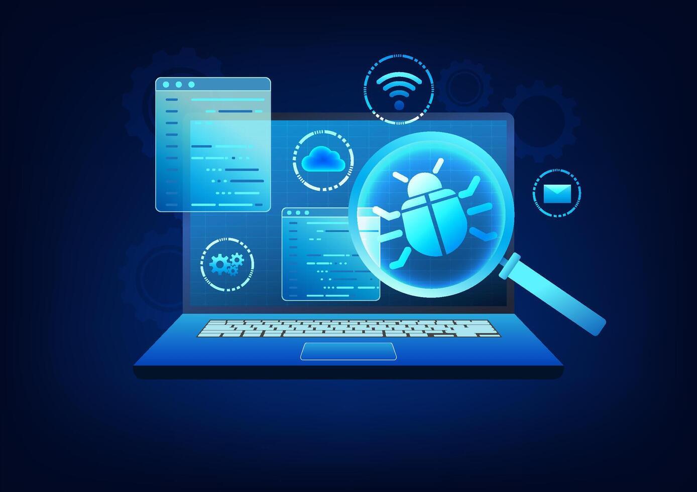 Security technology Using virus scanning software on computers to prevent theft and destruction of important data. Laptop with magnifying glass for viewing insect viruses and icons. vector