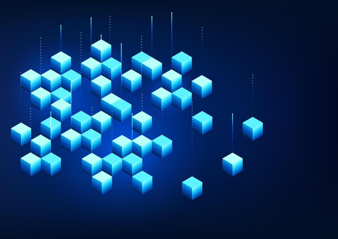 Blockchain technology, a series of square boxes that connect to each other, represents the technology of storing data that is linked as a network through computer encryption, sharing the recorded data vector