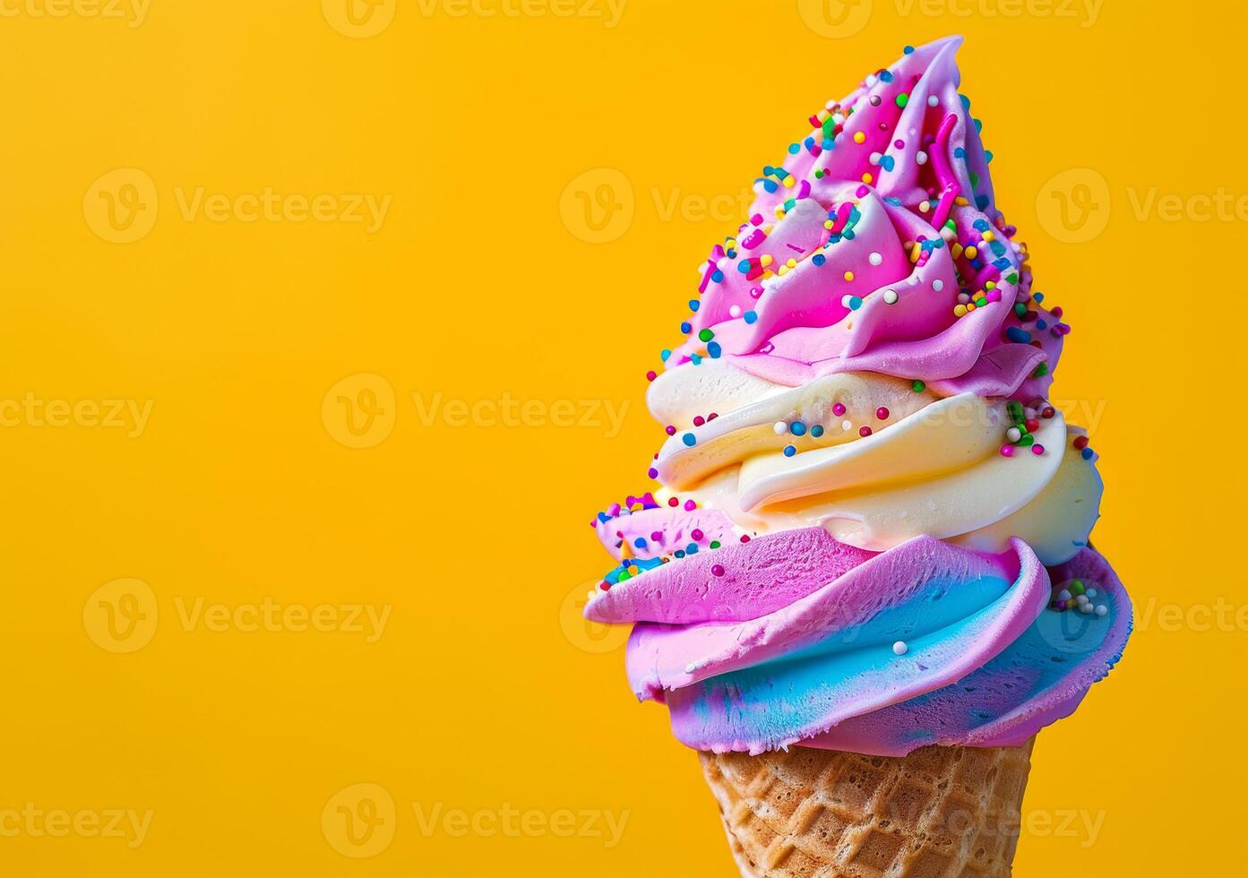 Colorful ice cream in waffle cone on yellow background photo