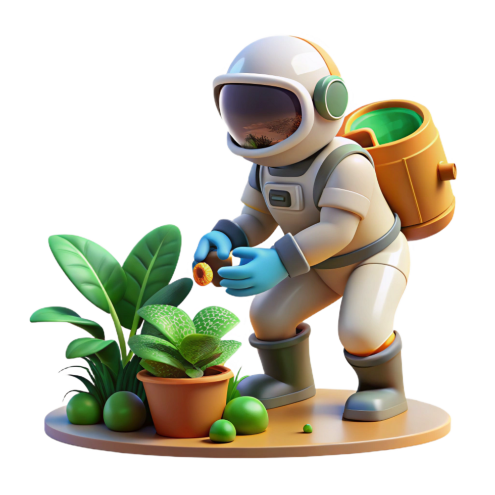 vibrant classic Astronaut Watering Plants in Space Habitat Transparent Background professional png