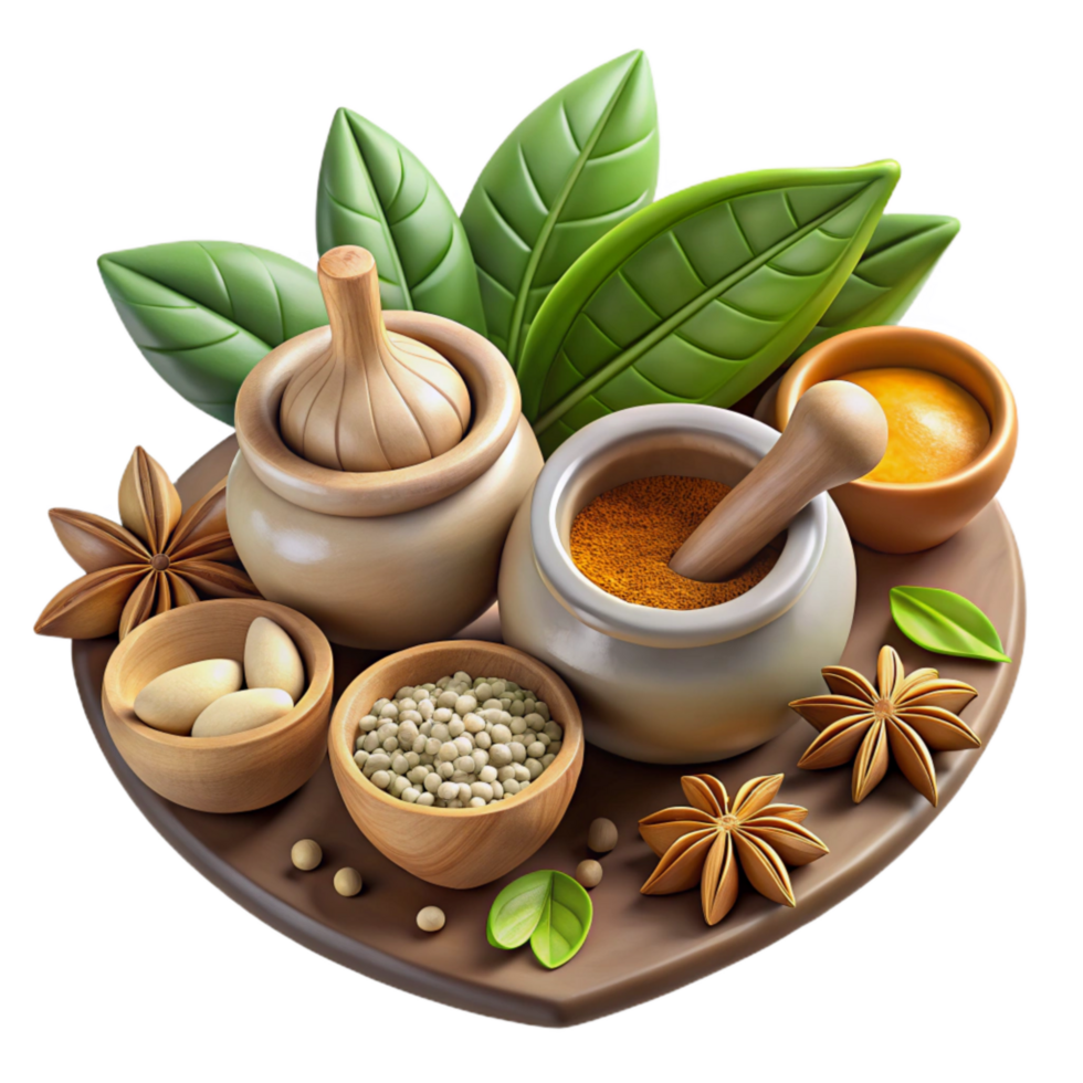 impressive rustic Ayurvedic Herbs and Spices Isolated Flat Lay 4K png